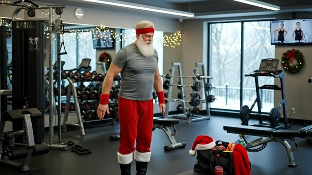A cheerful Santa working out in a festive gym, spreading holiday joy.