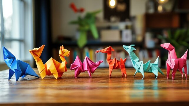 Colorful origami animals arranged on a wooden table