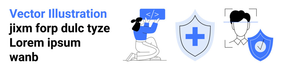 Obraz premium Cybersecurity, data protection, identity, healthcare symbols, software development, digital verification. Developer writing code, shields with a cross and tick mark, face recognition illustration