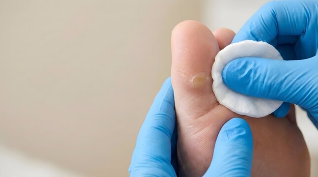 Medical professional examining and treating a painful plantar wart on the sole of a patient's foot with antiseptic cotton, highlighting foot health and dermatology care