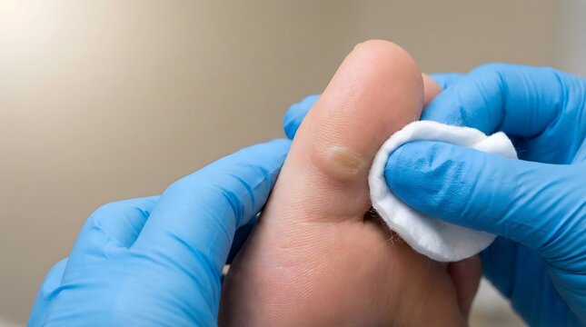 Close up of dermatologist cleaning foot corn on big toe with cotton pad