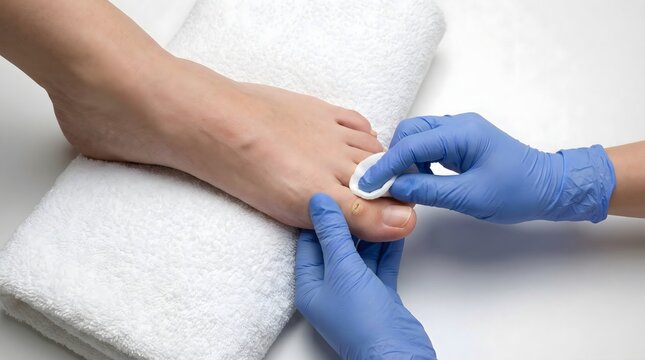 Doctor examining foot corn on white towel with medical gloves