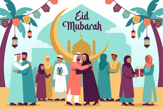 Muslim People Celebrating Eid al-Fitr 2026 with Hugs and Gifts