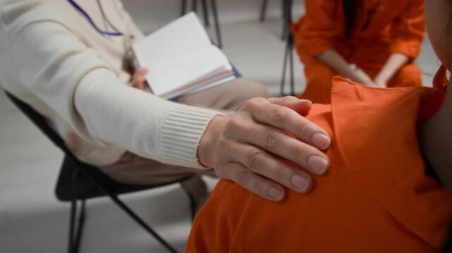 Slow motion close up shot of unrecognizable female therapist putting hand on shoulder of female inmate during support group meeting at correctional facility, copy space