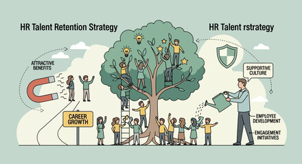Naklejka premium Conceptual illustration of HR talent retention strategy with nurturing tree and employee growth.