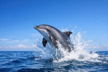 Naklejka premium Dolphin Jumps out of the Water in an Ocean Scene With Clear Blue Skies During the Day