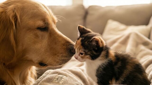 Golden retriever dog and kitten touching noses at home