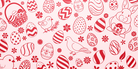 Materiał do szycia Vibrant easter background with red eggs, flowers, and birds on soft pink, featuring various patterns and designs.