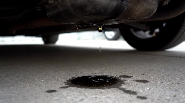 Car engine oil leaking from the undercarriage and dripping onto the asphalt pavement. Vehicle maintenance and auto repair service concept for a broken down automobile