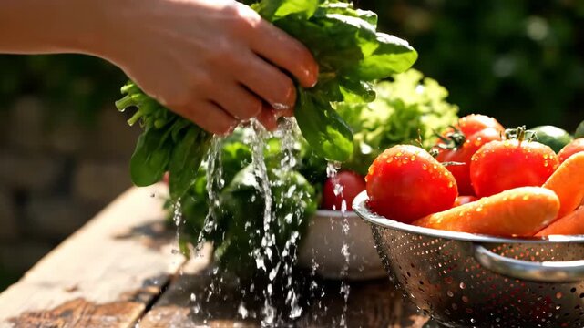 Female hands washing fresh organic vegetables in a colander under running water outdoors. Healthy eating and food preparation with natural produce from the garden for a clean diet