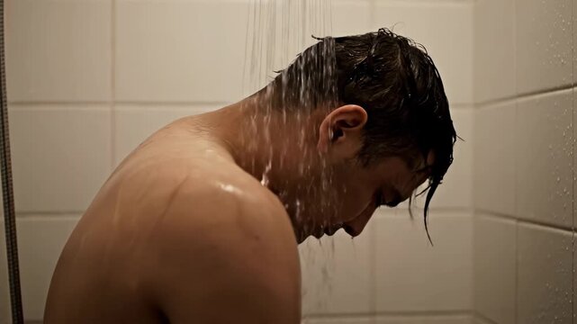 Young adult male taking a shower with his head down under running water. Emotional concept of sadness, stress relief and solitude in the bathroom. Panoramic sequence for wellness themes