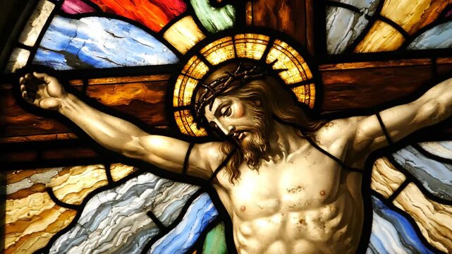 Stained glass window depicting the crucifixion of jesus christ. Religious art for easter and good friday showing the passion of the son of god with a crown of thorns