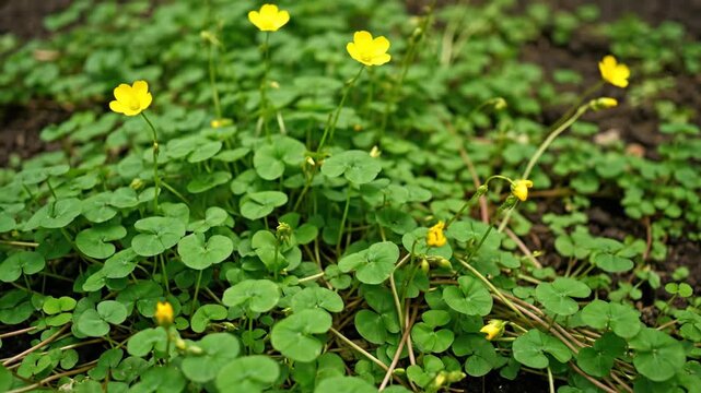 Creeping woodsorrel with bright yellow flowers creating a beautiful ground cover texture. Natural panoramic background for spring season, gardening, and environmental themes