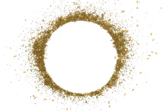 Za'atar frame, middle eastern spice blend in shape circle, isolated on white background, ( zaatar leaves, sumac, extra virgin olive oil, sesame seeds and salt ), clipping path