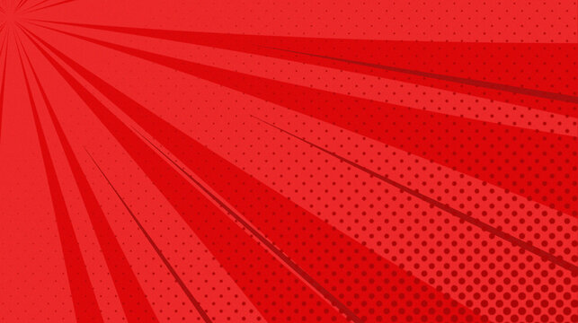 red color with a very energetic and dynamic Pop-Art style. Using a pattern of rays coming out of one point in the upper left corner. There is a Halftone pattern (small dots) which is a characteristic 