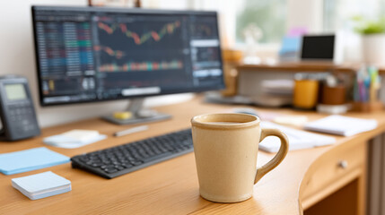 Home office workspace with coffee mug and trading screens for creative professionals