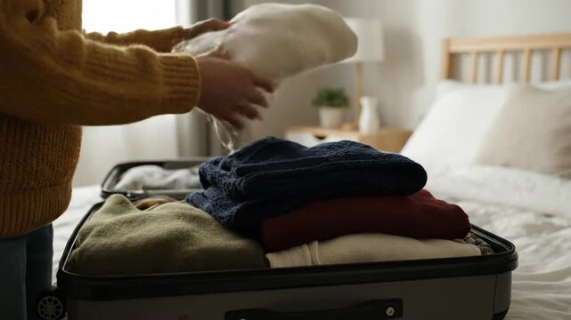 Sequence of an unrecognizable woman packing warm sweaters into a suitcase in the bedroom. Young adult getting ready for a winter holiday or vacation. Travel preparation concept