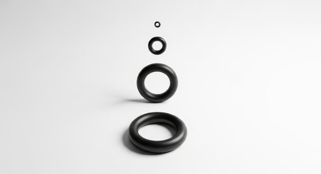 Four black rubber O-rings in a row on white background.