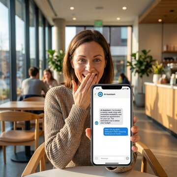 Agentic AI in Action A photograph of a person looking at a smartphone or tablet screen with an expression of surprise and gratitude