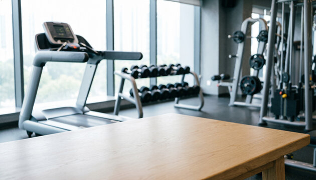 Wooden table background with empty free space for product display, modern gym interior in background, fitness equipment blurred (treadmill, dumbbells, weight machines), shallow depth of field