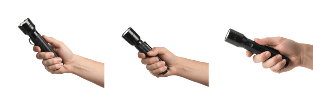 Set and collection of hands holding black tactical LED flashlights, portable electric torches for emergency, camping, and outdoor security lighting design, isolated on white transparent PNG background