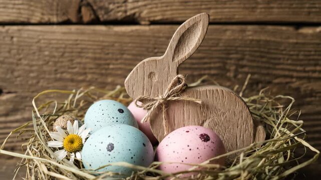 Festive easter still life with a wooden rabbit and painted eggs in a natural straw nest. Spring holiday composition perfect for a seasonal greeting or web banner
