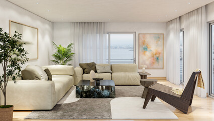 Obraz premium Large illustration 3D rendering luxury modern bright interiors Living room mockup with Couch and Ceiling Fan Ventilation