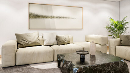 Obraz premium Large illustration 3D rendering luxury modern bright interiors Living room mockup with Couch and Ceiling Fan Ventilation