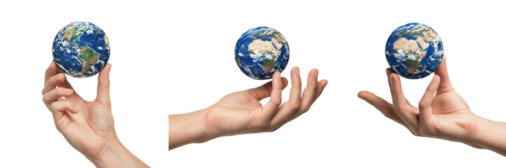 Set of Hands Holding Small Globe, Miniature Earth Model for Education, Geography, and Travel Concept, Isolated on White Transparent PNG Background