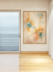 Obraz premium Large illustration 3D rendering luxury modern bright interiors Living room mockup with Couch and Ceiling Fan Ventilation