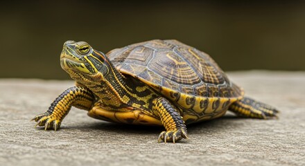 Focused turtle basking in the sun on a stone surface.