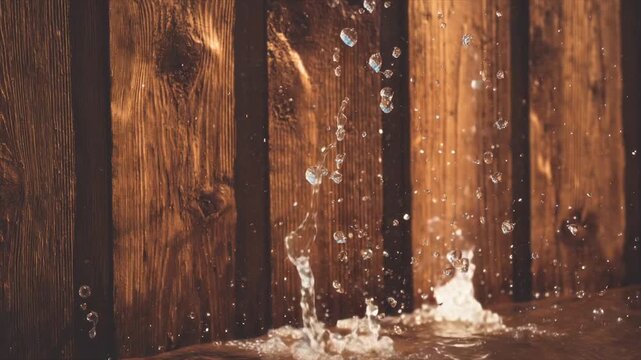 Water droplets splash against a wooden surface, creating a dynamic interplay of light and texture