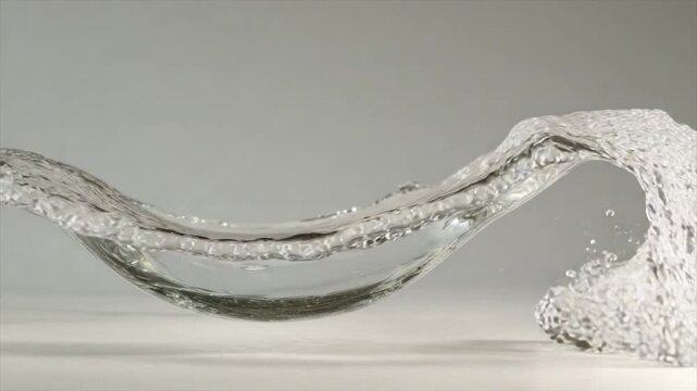 Clear water is shaped mid-air, creating a curved arch with a wave-like crest