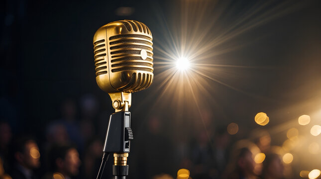Vintage gold microphone on stage with spotlight, business speech and leadership concept
