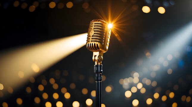 Vintage gold microphone on stage with spotlight, business speech and leadership concept