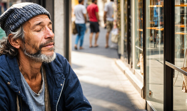 portrait of man with gray beard and knit beanie sitting on urban sidewalk with eyes closed leaning against glass storefront in the sun