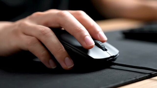 Close-up of a persons hand operating a computer mouse on a mousepad, highlighting digital interaction and technology use.
