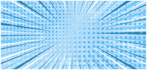 Abstract grunge blue striped retro comic background with halftone corners and textured overlay. Cartoon backdrop with stripes and half tone pattern for comics book, advertising design, poster © Tatahnka