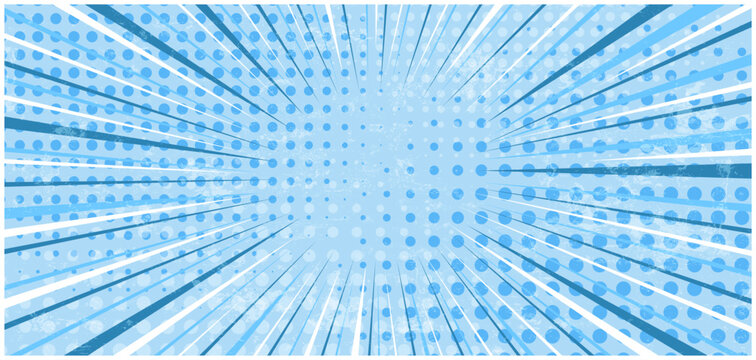 Abstract grunge blue striped retro comic background with halftone corners and textured overlay. Cartoon backdrop with stripes and half tone pattern for comics book, advertising design, poster