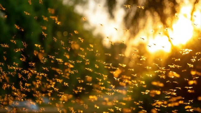A swarm of insects illuminated by golden sunlight against a blurred green backdrop