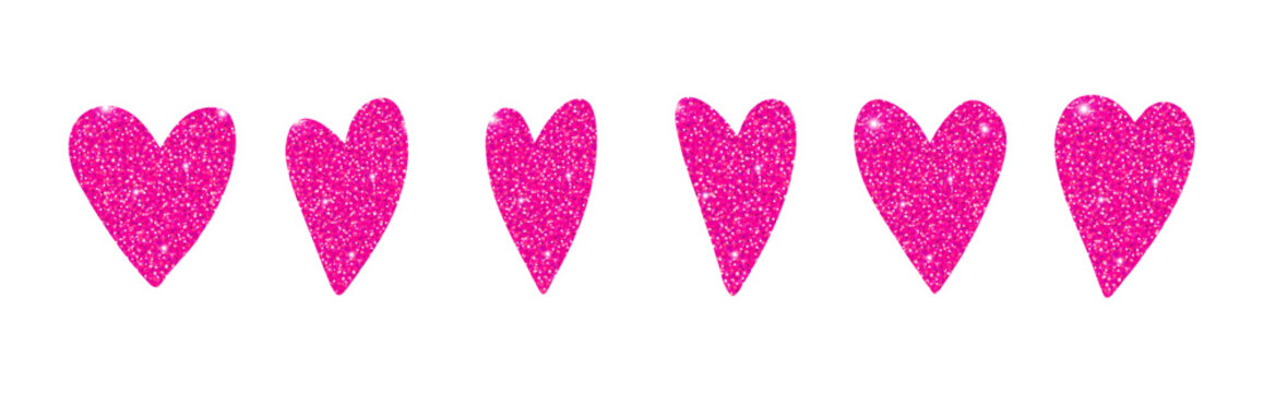 Bright vector glowing pink glittering hearts set. Elegant bright love decorating symbols with glitter texture for Valentines day greeting cards, 14 February posters, lovely wedding events design