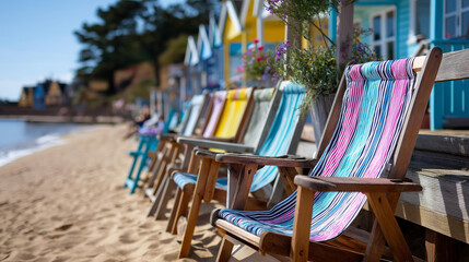Banner view row of colorful beach huts, faceless people relaxing in deckchairs on sand, defocused seaside background, British holiday, bright sun, nostalgic vibe, with copy space