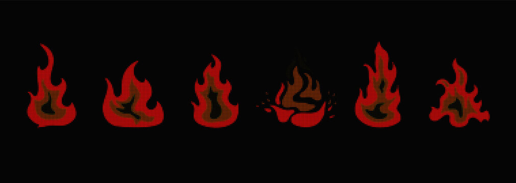 Bright red and orange vector dotted halftone gradient fire flame symbols. Abstract exploding half tone comic signs for hell concept design, explode energy decoration, campfire logo