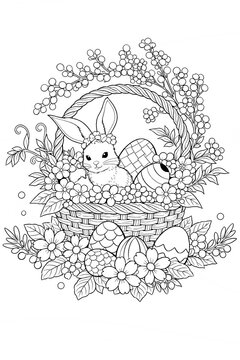 Coloriage d'un petit lapin de P&acirc;ques dans un panier fleuri avec &oelig;ufs en illustration au trait noir et blanc.
