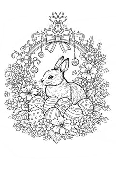 Coloriage d'un lapin de P&acirc;ques entour&eacute; de fleurs, ruban et &oelig;ufs d&eacute;cor&eacute;s dans un cadre ornemental noir et blanc.
