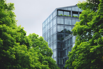 Modern building surrounded by green trees in an urban area during cloudy weather