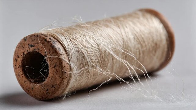 Close-up of a spool of thread with a cork center, focus on the texture of the twine