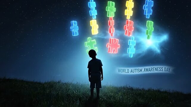 Child Silhouette Reaching for Glowing Floating Puzzle Pieces in Starry Night Sky