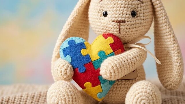 Crochet Bunny Toy Holding Felt Puzzle Heart - Autism Awareness Greeting Concept