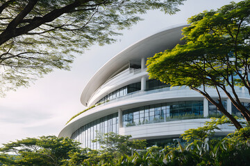Modern building sits among trees in a vibrant urban area during daylight with clouds in the sky